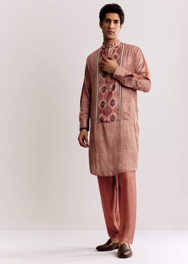 Orange Silk Kurta Set With Ajrakh Print