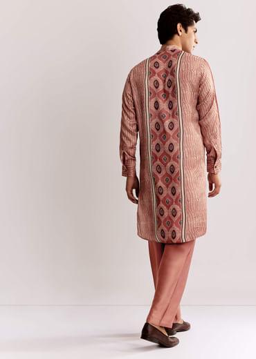 Orange Silk Kurta Set With Ajrakh Print
