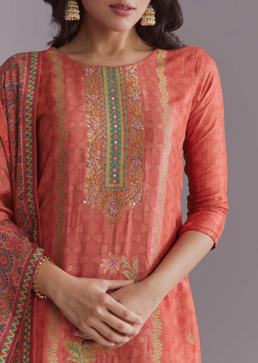 Orange Silk Kurta Set With Floral Print