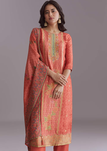 Orange Silk Kurta Set With Floral Print