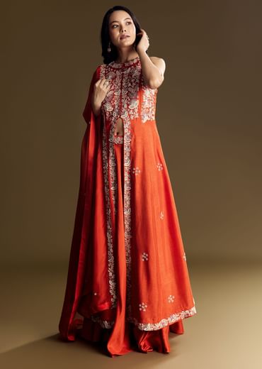 Orange Silk Palazzo Suit With Moti And Cut Dana Work
