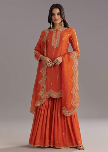 Orange Silk Sharara Set With Cut Dana and Sequins Work and Organza Dupatta