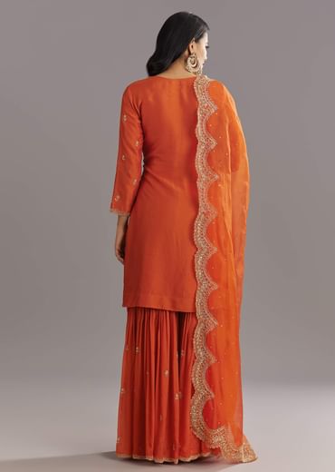 Orange Silk Sharara Set With Cut Dana and Sequins Work and Organza Dupatta