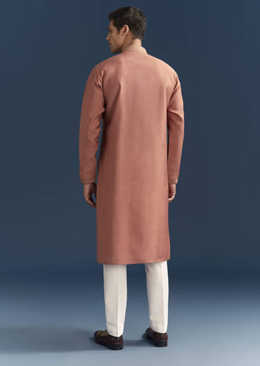 Orange Silk Textured Kurta Set For Men With Resham Work