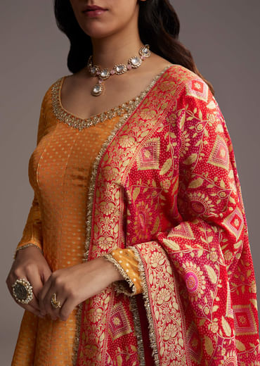 Orange Tissue Anarkali Suit With Butti Work And Printed Silk Dupatta