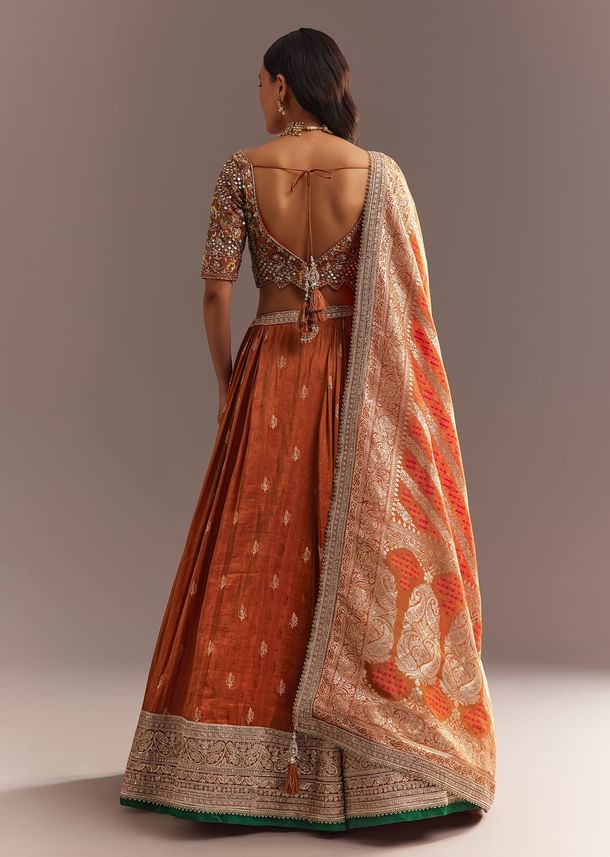 Orange Tissue Butti Embroidered Lehenga Choli And Woven Dupatta