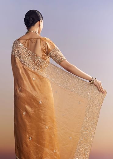 Orange Tissue Saree With Unstitched Heavy Embroidered Border