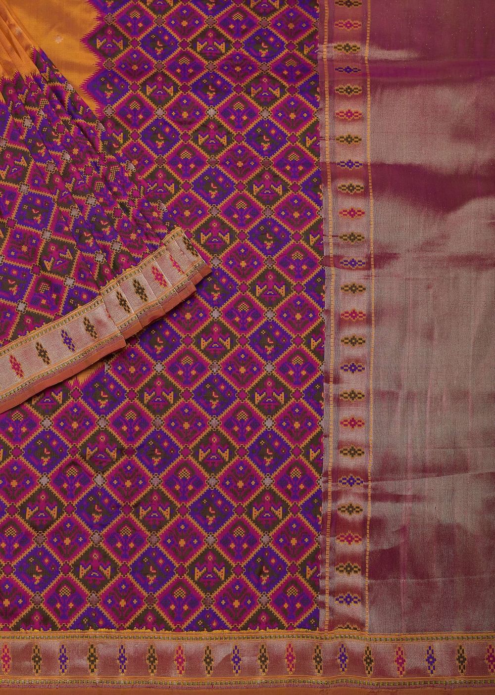 Orange And Pink Banarasi Ikat Patola Weave Saree With Unstitched Blouse Piece