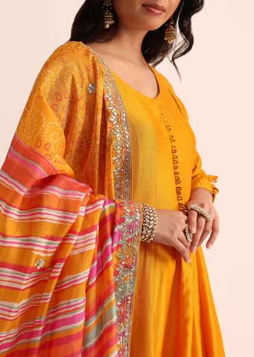 Orange Embroidered Chanderi Anarkali Set With Bandhani And Leheriya Dupatta