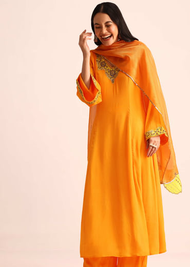 Orange Embroidered Chiffon Kurta Palazzo Set
