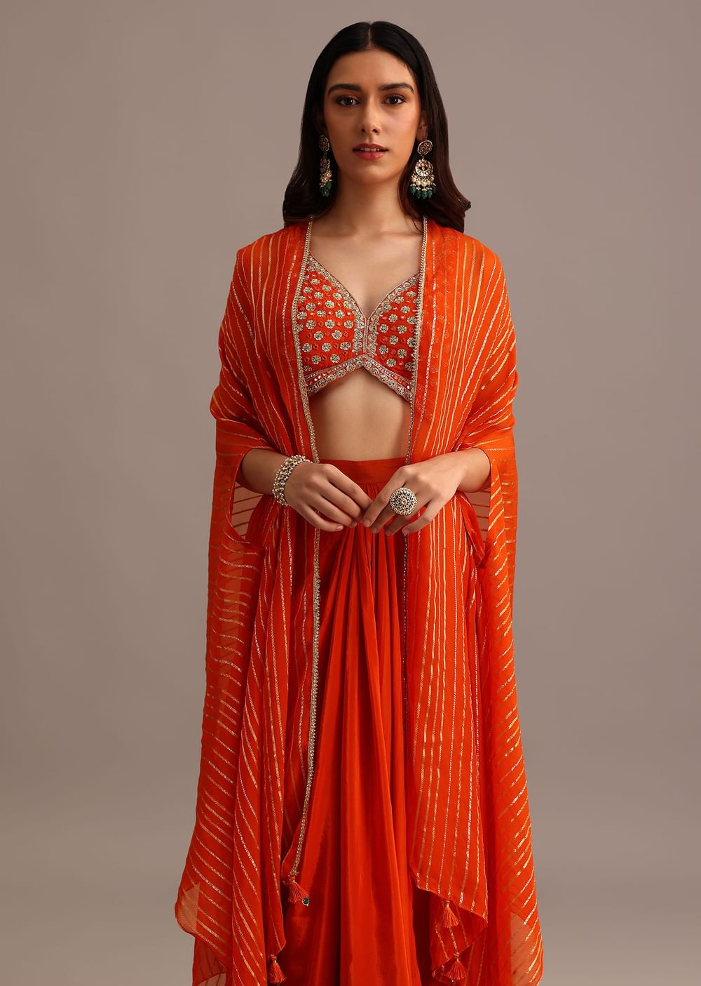 Orange Embroidered Croptop With Pleated Skirt And Chanderi Jacket