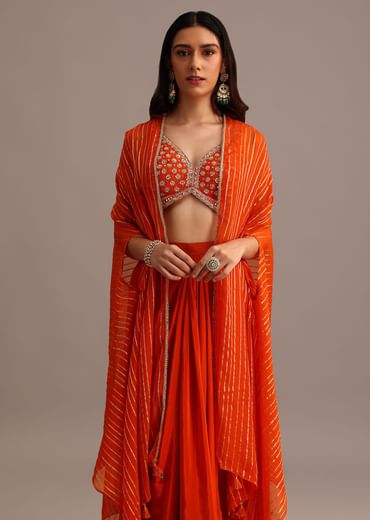 Orange Embroidered Croptop With Pleated Skirt And Chanderi Jacket
