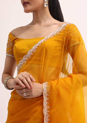Orange Embroidered Organza Saree With Unstitched Blouse