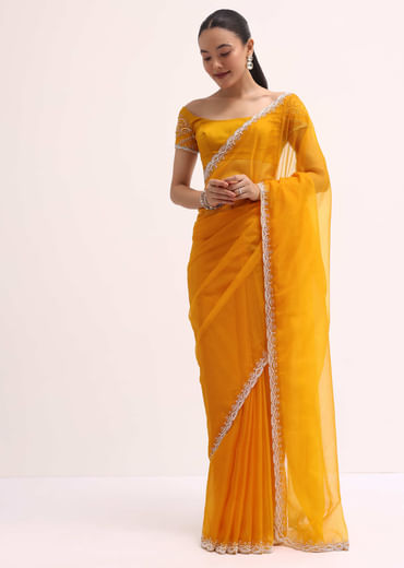 Orange Embroidered Organza Saree With Unstitched Blouse