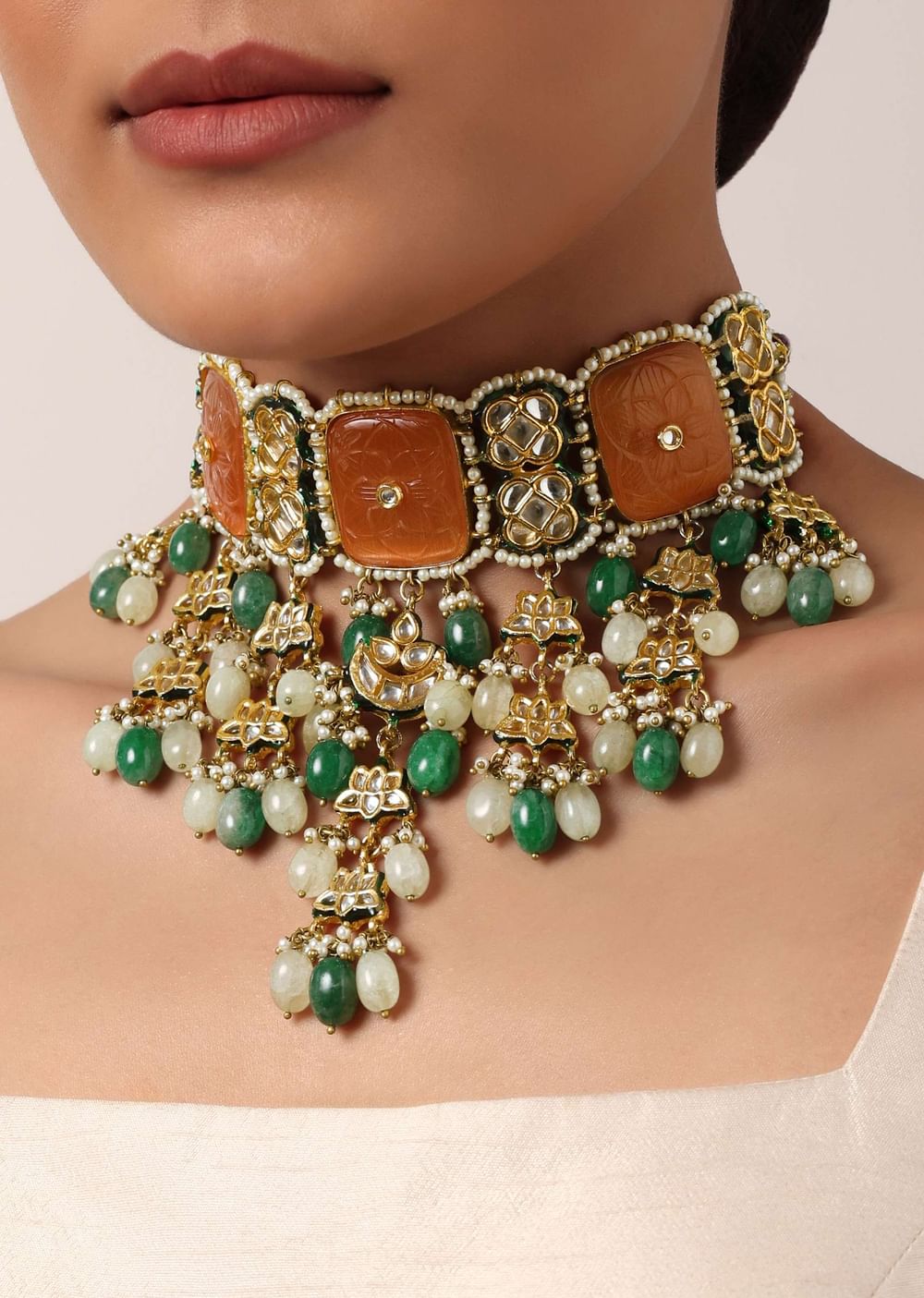 Orange Geometric Kundan Choker Set With Green Bead Drops