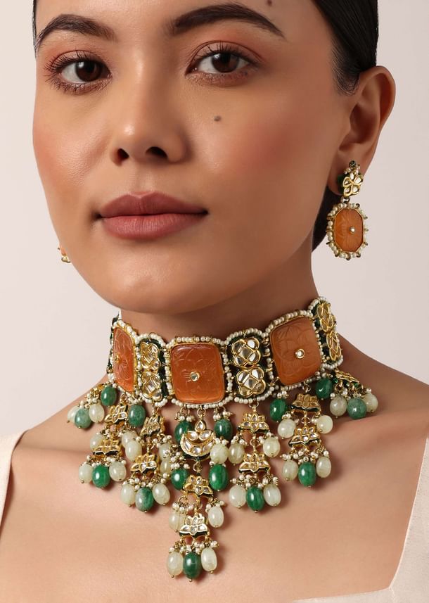 Orange Geometric Kundan Choker Set With Green Bead Drops Orange Geometric Kundan Choker Set With Green Bead Drops