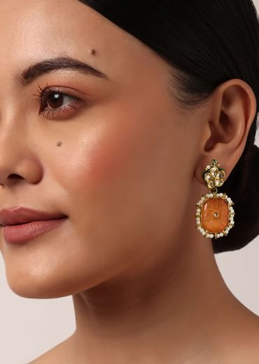 Orange Geometric Kundan Choker Set With Green Bead Drops