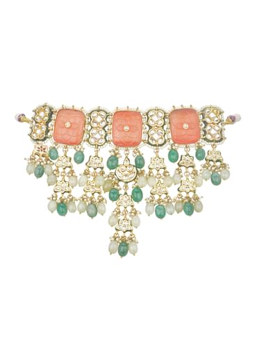 Orange Geometric Kundan Choker Set With Green Bead Drops