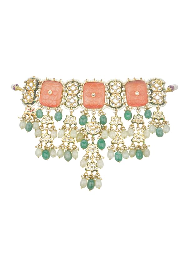 Orange Geometric Kundan Choker Set With Green Bead Drops Orange Geometric Kundan Choker Set With Green Bead Drops