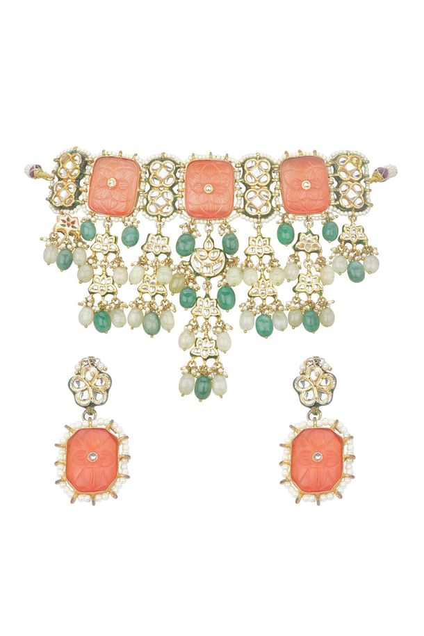 Orange Geometric Kundan Choker Set With Green Bead Drops Orange Geometric Kundan Choker Set With Green Bead Drops