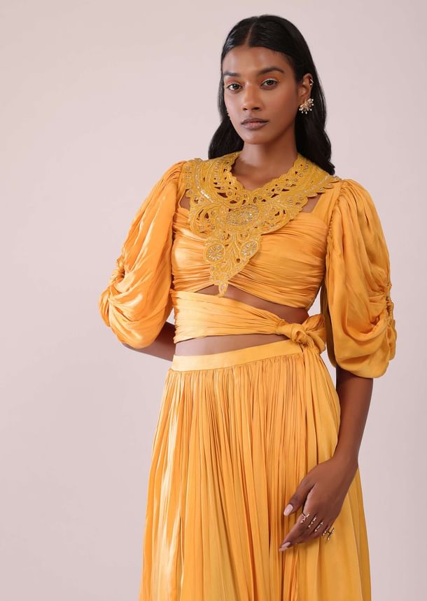 Orange Indo-Western Skirt And Blouse With Balloon Sleeves Orange Indo-Western Skirt And Blouse With Balloon Sleeves