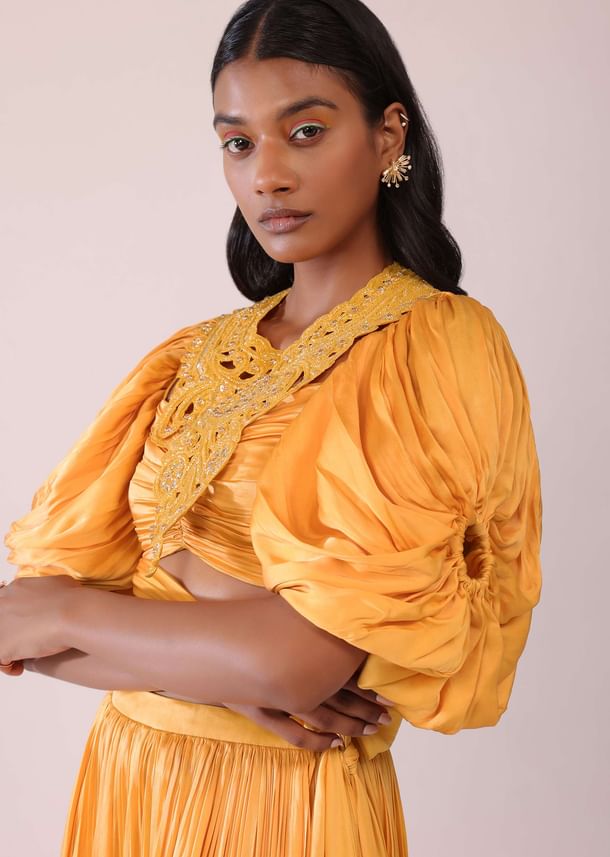 Orange Indo-Western Skirt And Blouse With Balloon Sleeves Orange Indo-Western Skirt And Blouse With Balloon Sleeves