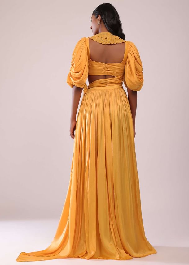 Orange Indo-Western Skirt And Blouse With Balloon Sleeves Orange Indo-Western Skirt And Blouse With Balloon Sleeves