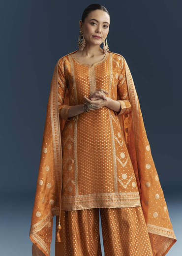 Orange Jacquard Palazzo Suit With Banarasi Jacquard Weave
