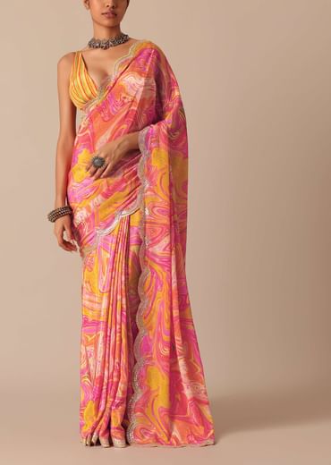 Orange Muslin Saree With Kaleidoscope Prints And Unstitched Blouse Piece