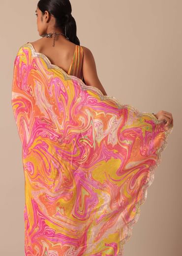 Orange Muslin Saree With Kaleidoscope Prints And Unstitched Blouse Piece