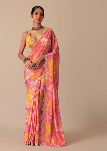 Orange Muslin Saree With Kaleidoscope Prints And Unstitched Blouse Piece