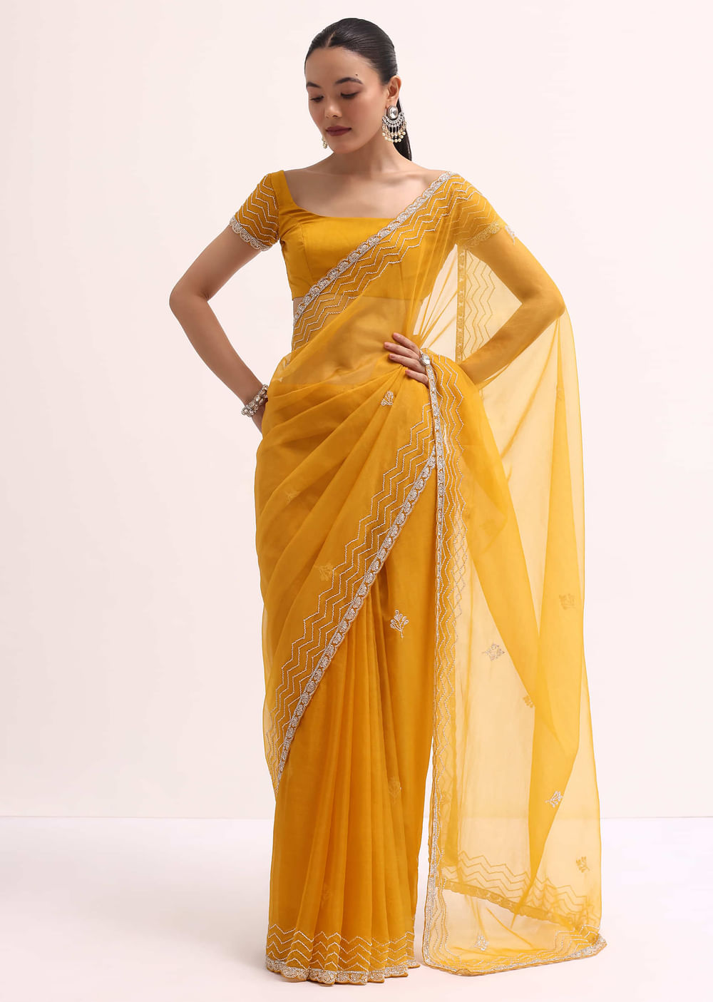 Orange Organza Saree With Unstitched Blouse