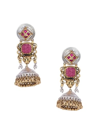 Orange Oxidsed Jhumkas With Meenakari And Bead Drops