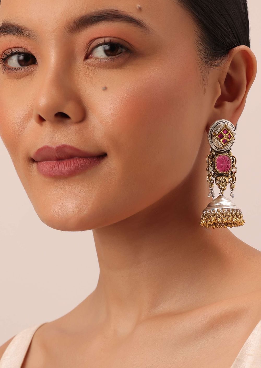 Orange Oxidsed Jhumkas With Meenakari And Bead Drops