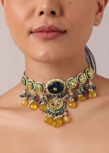 Orange Pendant Choker Set With Navy Blue Kundan Polki Studded Motif