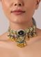 Orange Pendant Choker Set With Navy Blue Kundan Polki Studded Motif