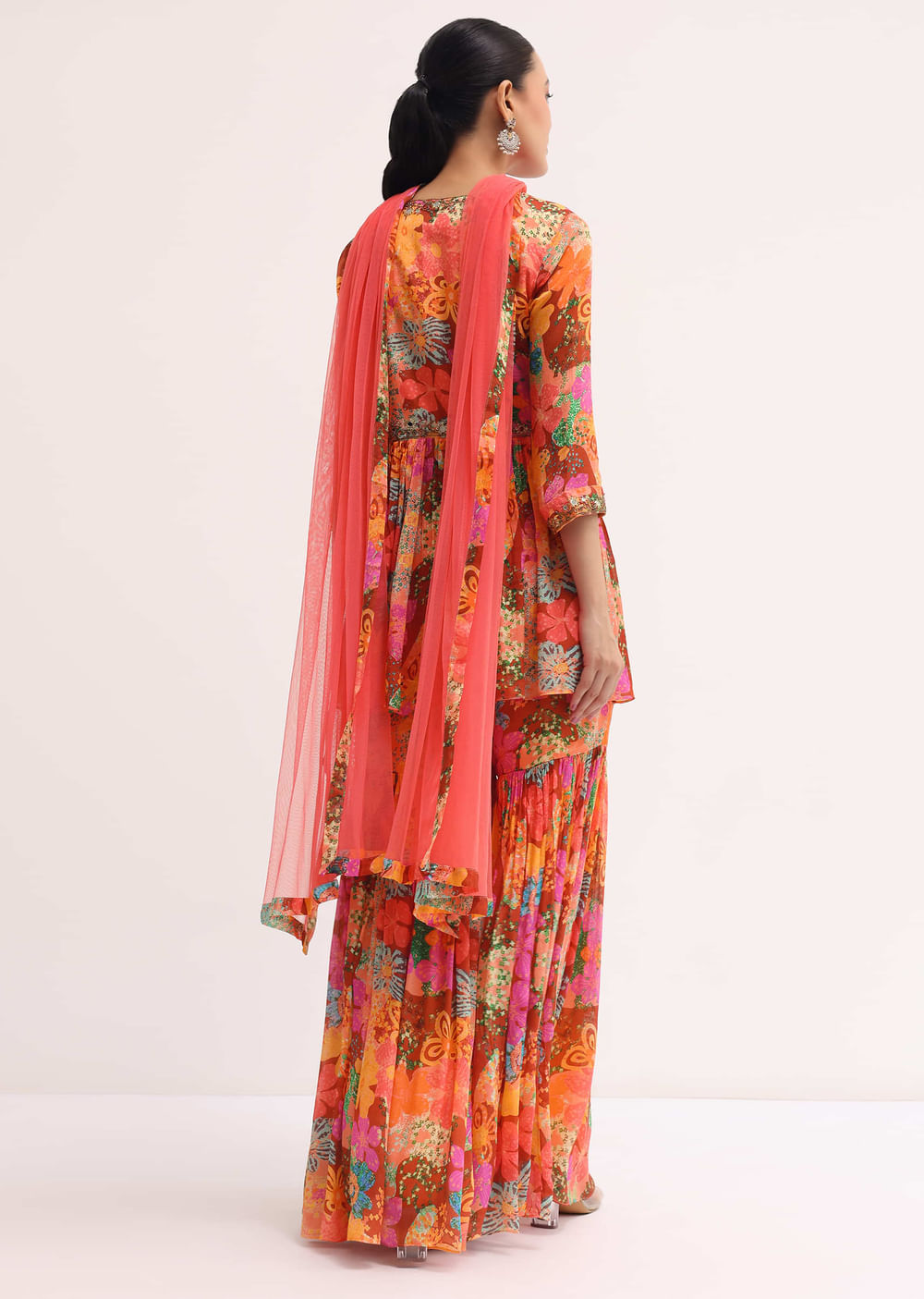 Orange Printed Chiffon Kurta Sharara Set