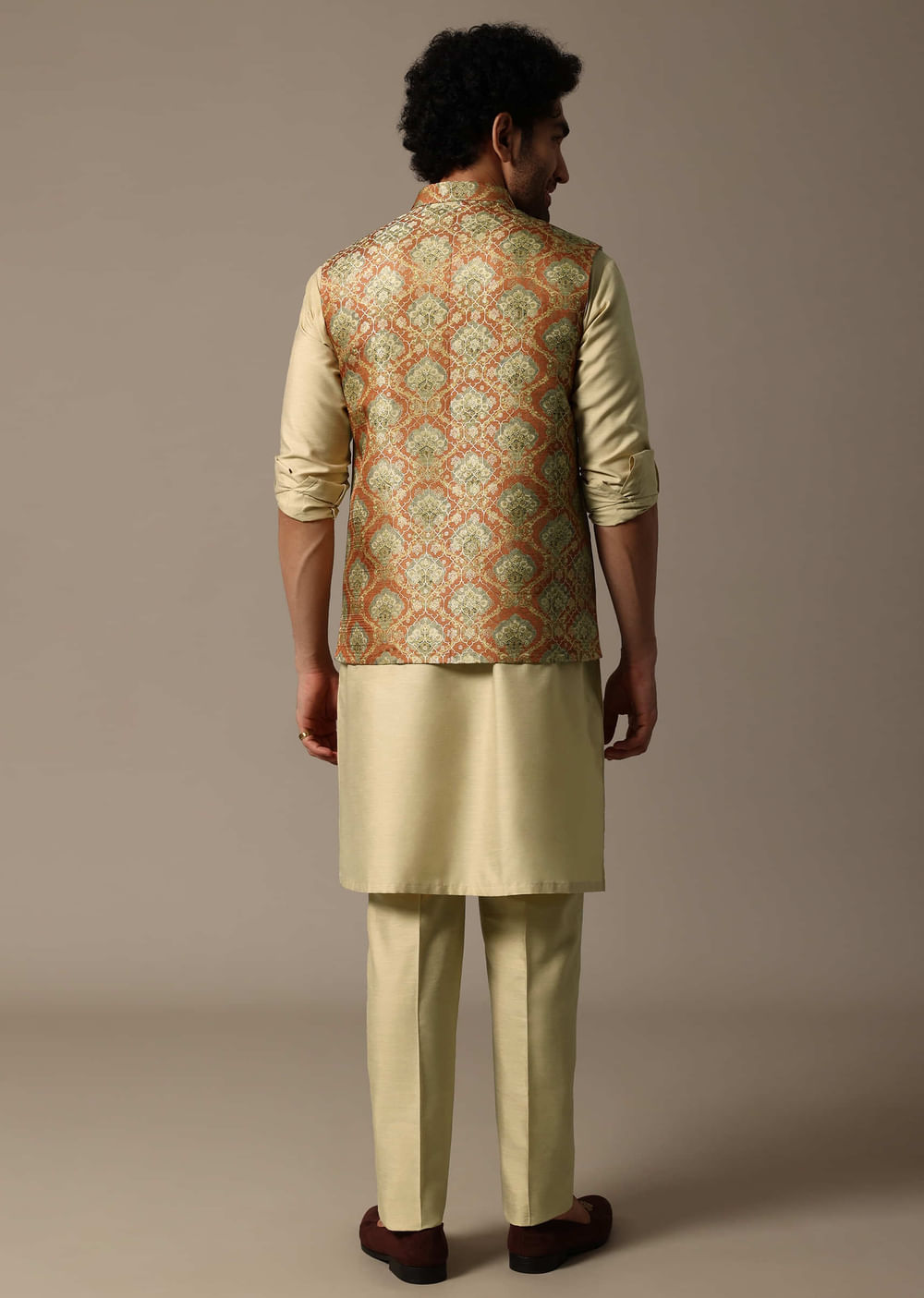 Orange Printed Jacquard Kurta Jacket Set For Men