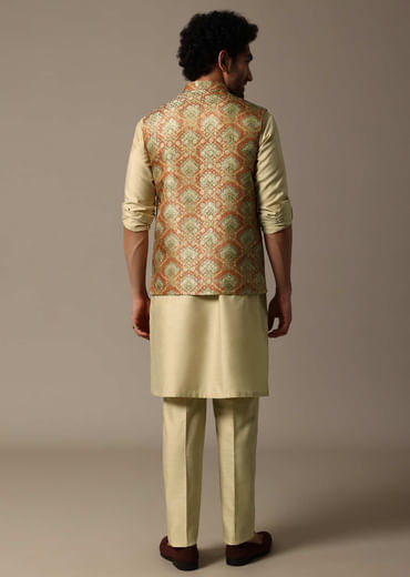 Orange Printed Jacquard Kurta Jacket Set For Men
