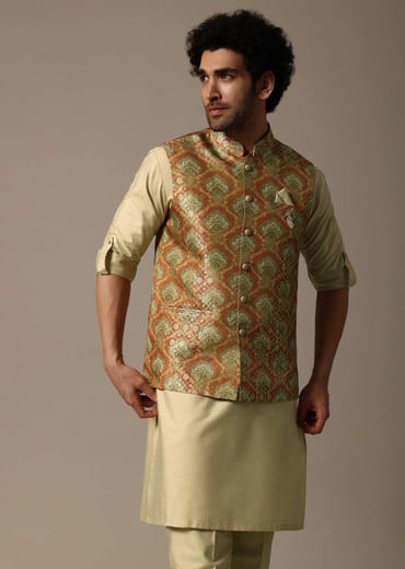 Orange Printed Jacquard Kurta Jacket Set For Men