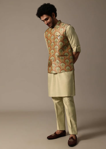 Orange Printed Jacquard Kurta Jacket Set For Men