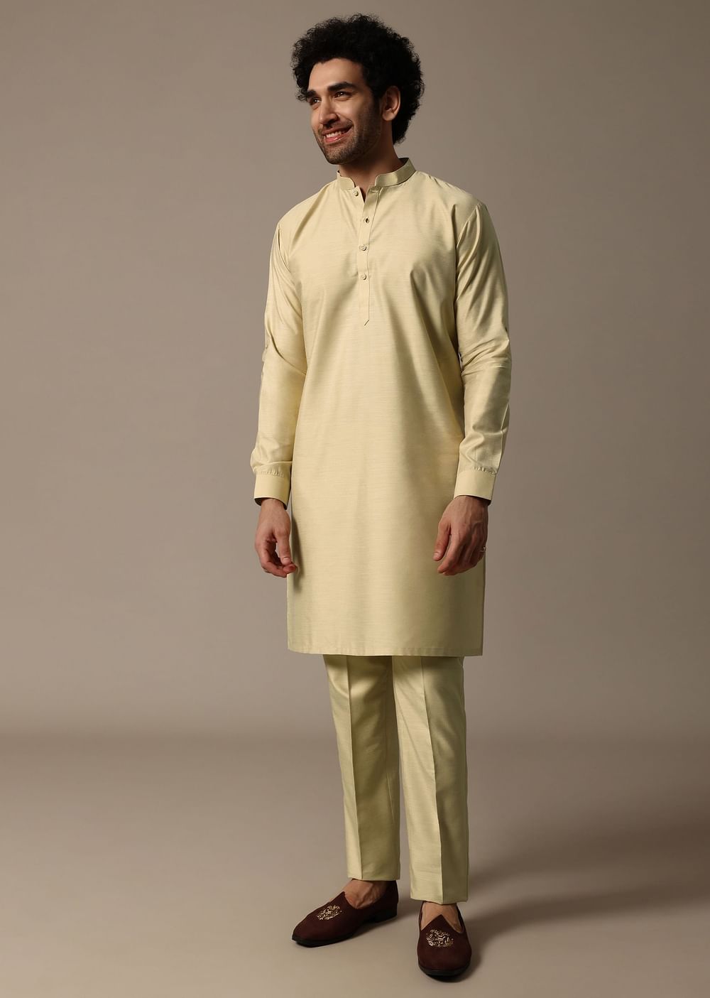 Orange Printed Jacquard Kurta Jacket Set For Men