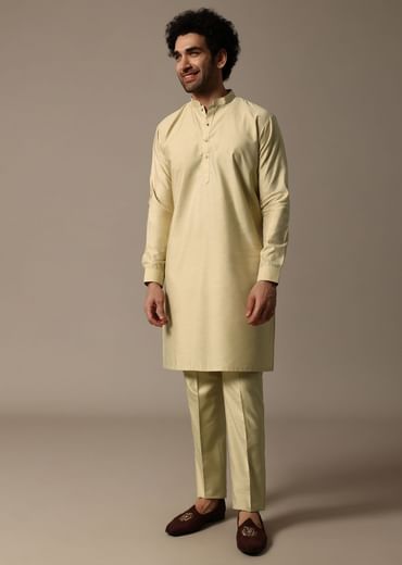 Orange Printed Jacquard Kurta Jacket Set For Men