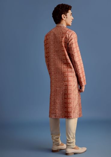 Orange Printed Silk Kurta Set For Men