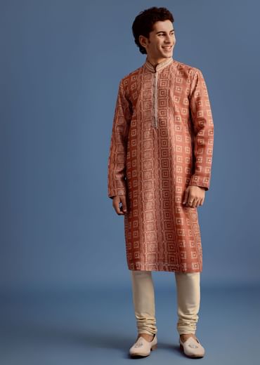 Orange Printed Silk Kurta Set For Men