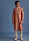 Orange Printed Silk Kurta Set For Men