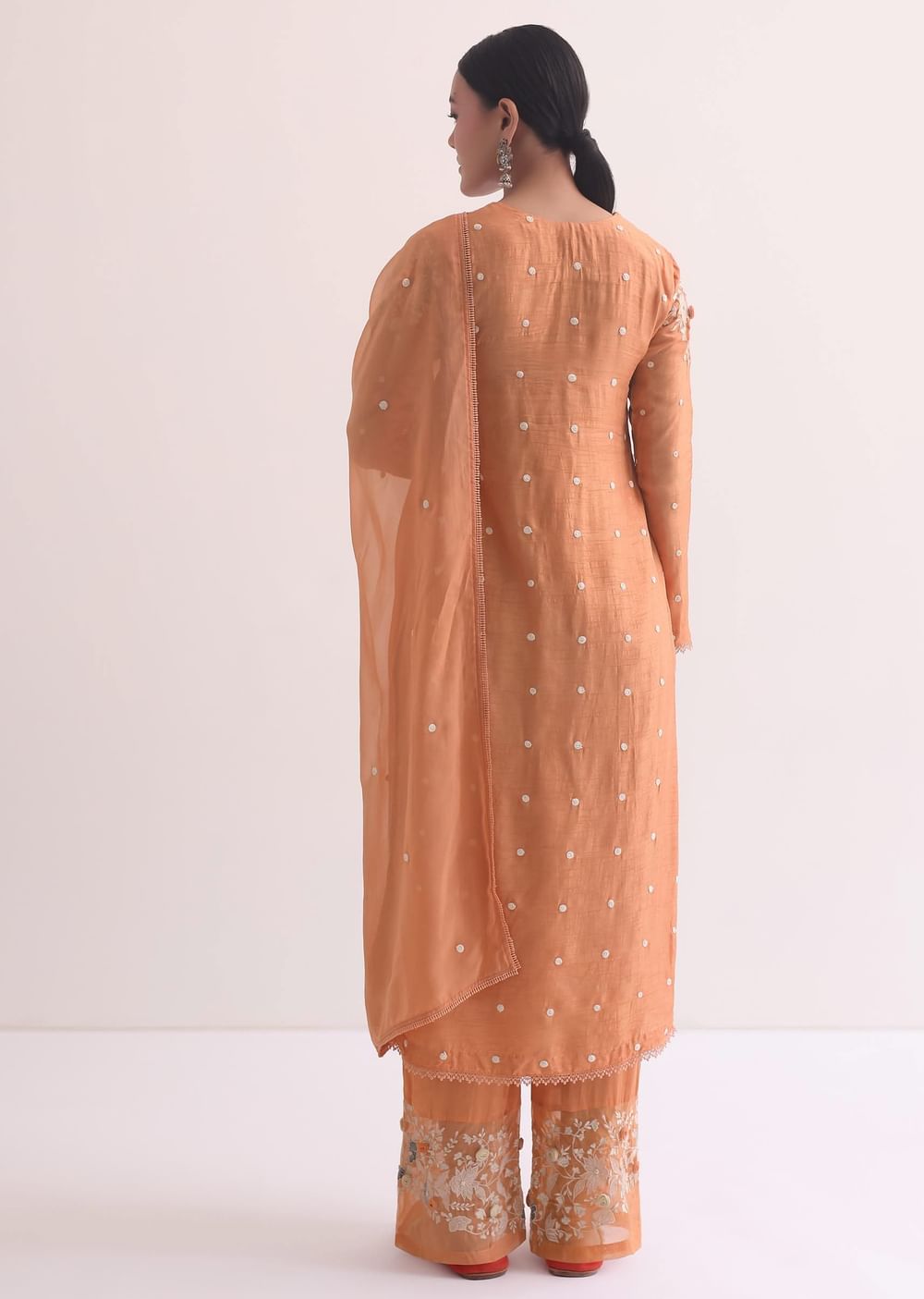 Orange Resham Kurta Pant Set With 3D Florals