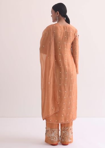 Orange Resham Kurta Pant Set With 3D Florals