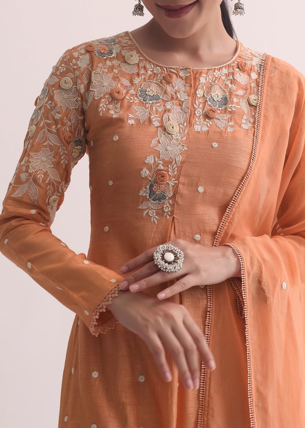 Orange Resham Kurta Pant Set With 3D Florals