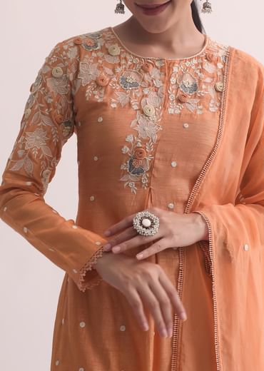 Orange Resham Kurta Pant Set With 3D Florals